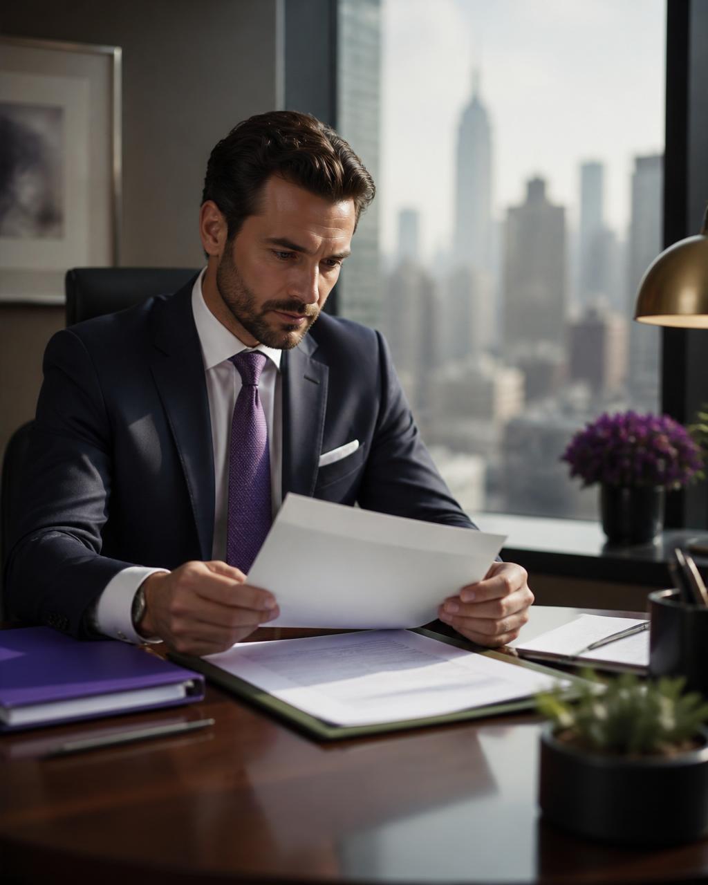 Real estate attorney reviewing a Phase I Environmental Site Assessment report in a Manhattan office