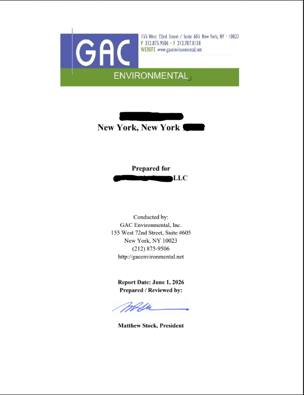 Cover page of a sample GAC Environmental Phase I Environmental Site Assessment report prepared for a New York property, showing the property address, report title, and signed Environmental Professional declaration.
